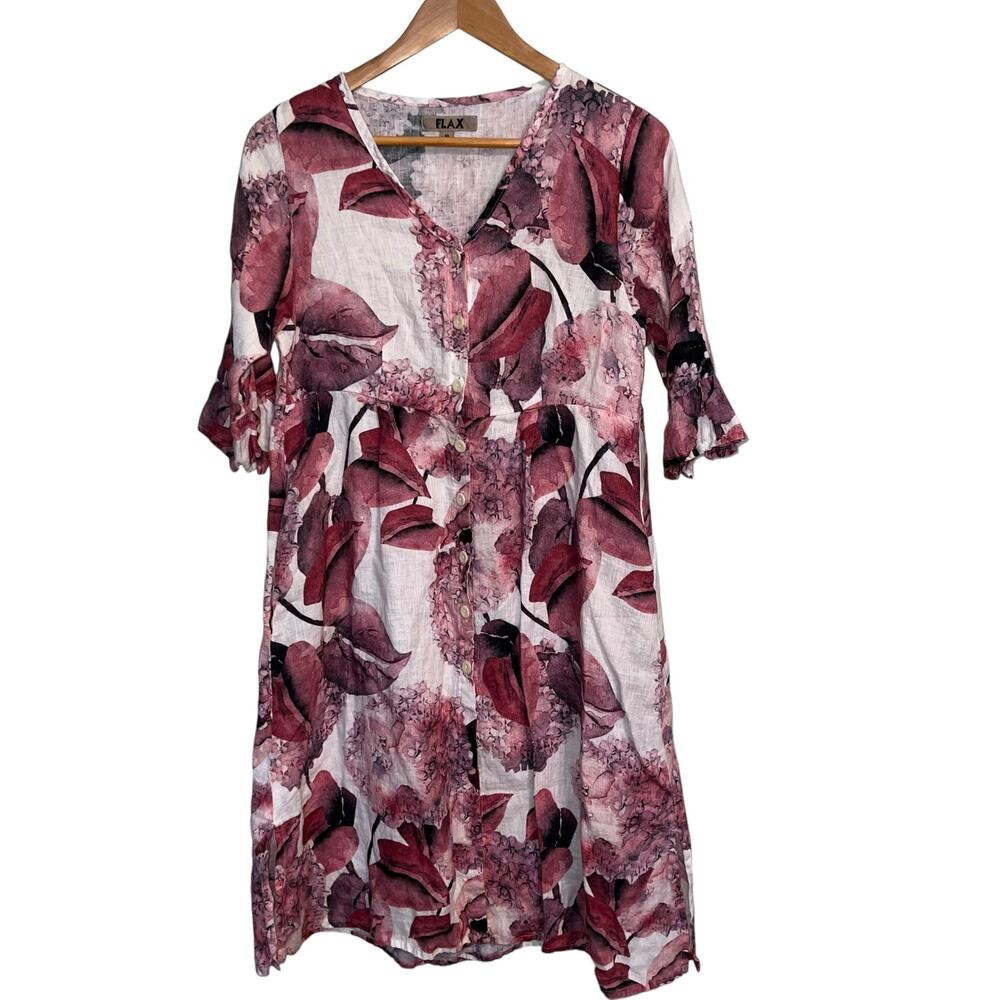 Flax Designs Hydrangea Dress Night Duster Floral 100% Linen P XS 4-6